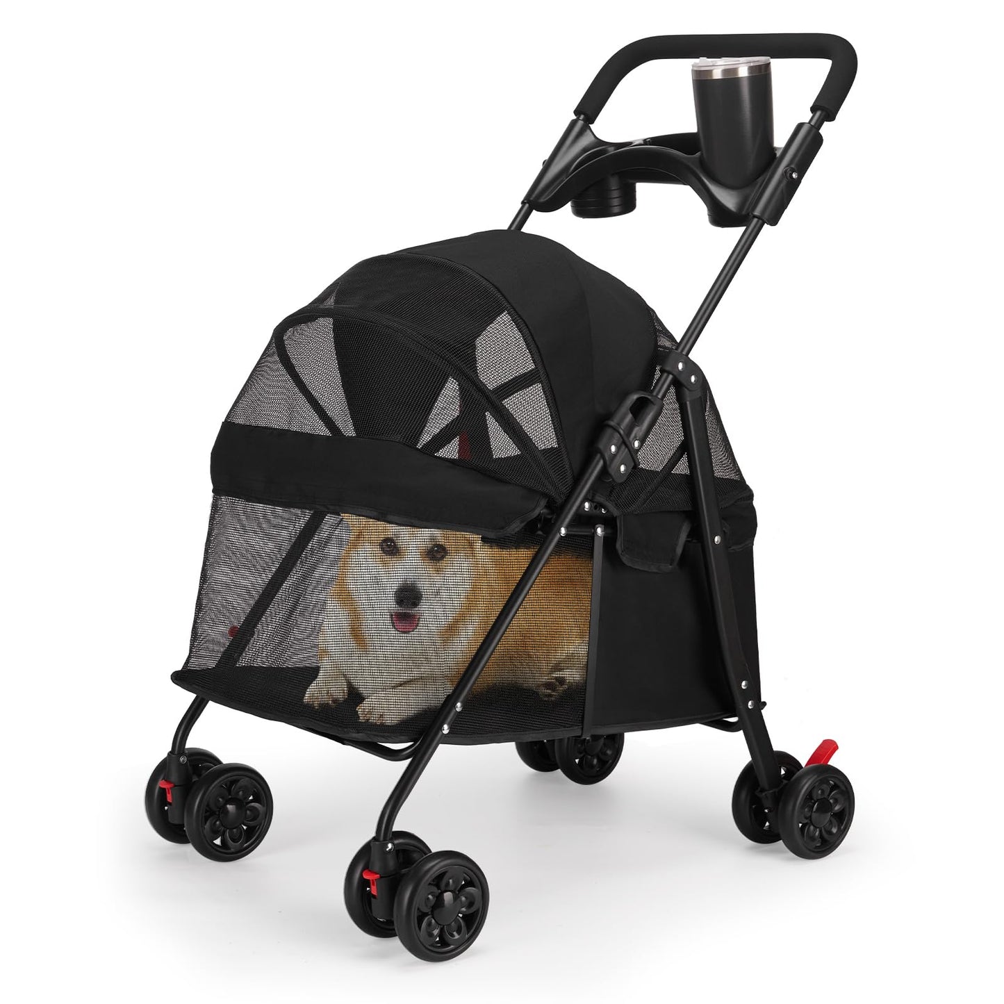 Foldable Pet Stroller for Small/Medium Pets up to 22 lbs - Lightweight 4-Wheel Design with Sun Canopy, Storage Bag & Breathable Mesh（Black