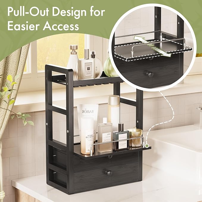 AmazerBath Bamboo Bathroom Countertop Organizer, 2-Tier Makeup Organizer with 2 Drawers, Vanity Organizer Storage Coffee Matcha Station, Compact Shelf for Bathroom Kitchen Office, Black