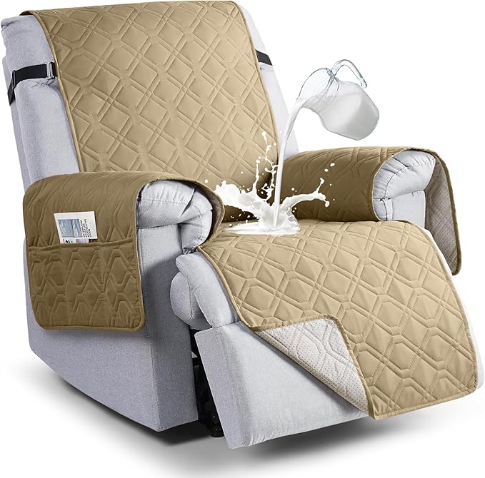 VANSOFY 100% Waterproof Recliner Chair Covers, Recliner Cover Non-Slip Dog Chair Cover Furniture Protector Washable Slipcover with Pocket, Elastic Straps for Pets, Dogs(Sand, 23.6")