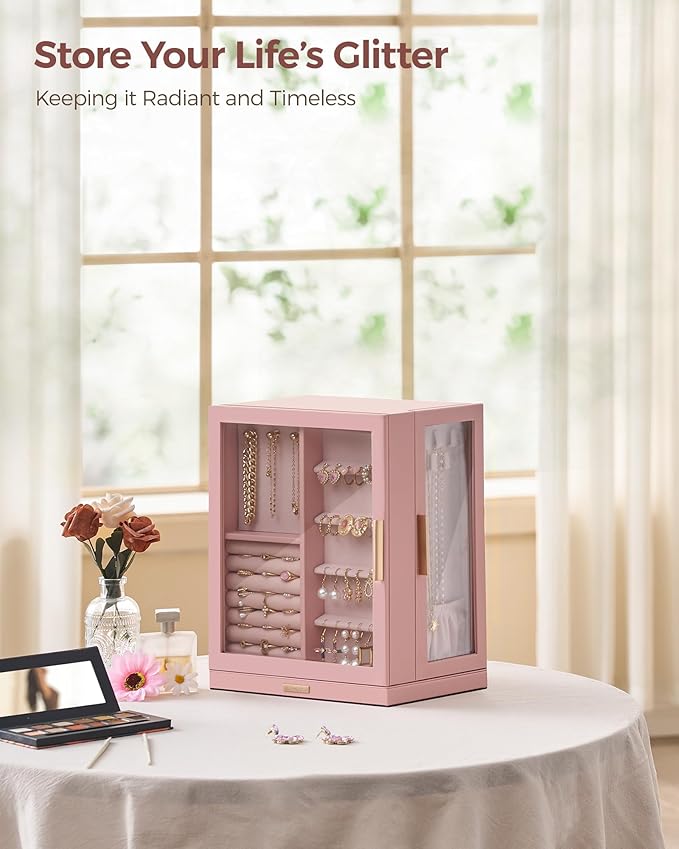 Glimmloop 360ÃÂ° Rotating Jewelry Box with 5 Drawers, Spacious Vertical Jewelry Organizer with Glass Window, Jewelry Storage Case, Dustproof & Moisture-resistant Design, Pink