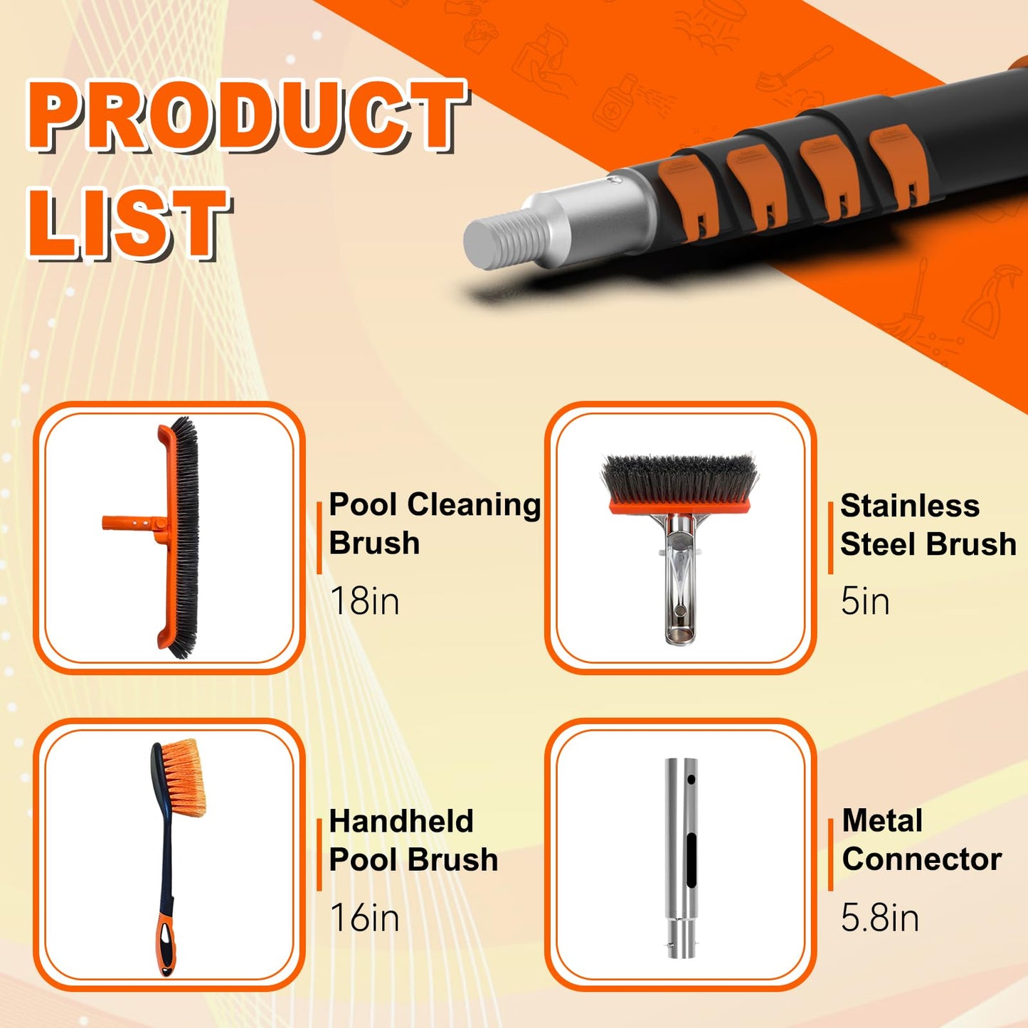 SISIUPASSIE Pool Brush Kit with Pole, Upgrade 18" Pool Brush and High-Efficiency Stainless Steel Bristles Brush with Telescopic Pole for Cleaning Pool Walls, Curved Ends, Tiles & Floors, 20 FT
