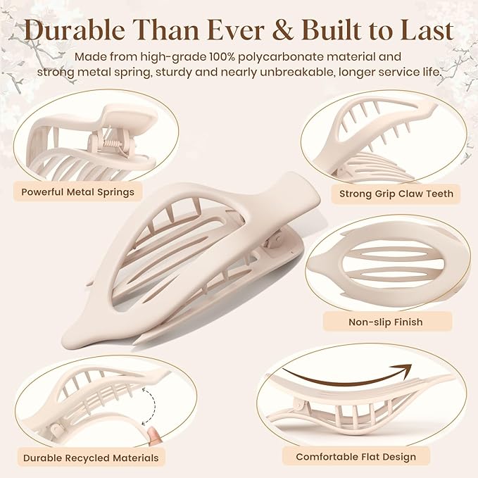 4 PCS Large Flat Hair Clips for Women Girls, French Concord Lay Down Flat Claw Clips for Thick Thin Hair, Comfortable Curved Hair Clip, Matte Non-slip Strong Hold Hair Accessories, Neutral