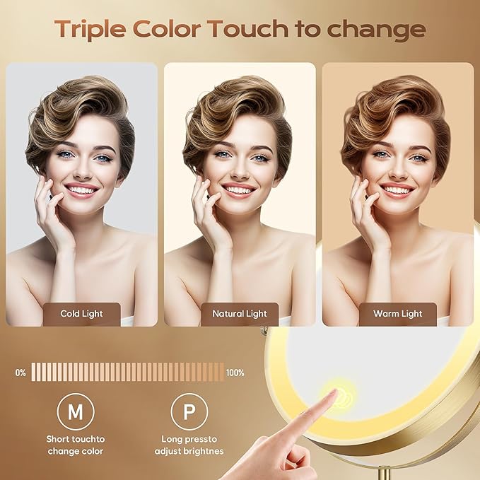 Makeup Mirror with Lights, 1x/20x 360ÃÂ° Rotation Vanity Mirror, Brightness Adjustable Lighted Makeup Mirror with Magnification, 5000 mAh Rechargeable Double Sided Mirror with 3 Colors, Gift for Women