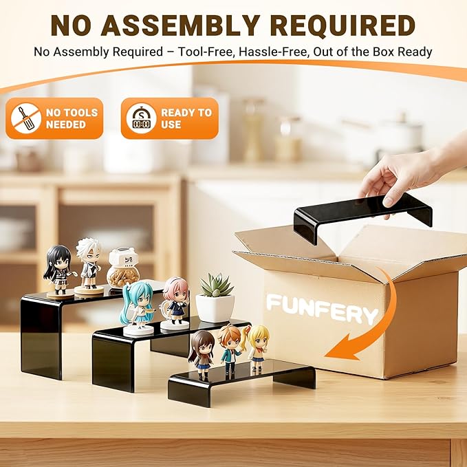 Funfery Acrylic Display Risers, 2 Set(7.8"L~8.2"L~8.6"L) Display Shelf for Figure, Collectibles, Cupcake, Black Acrylic Stands for Dessert, Jewelry, Candy Showcase, 3 Tier Action Figure Stand Holder