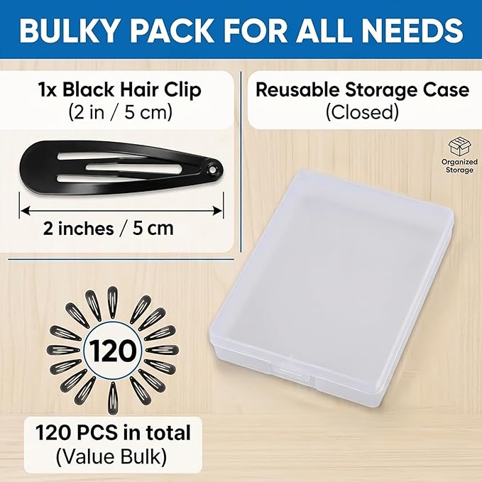 120 Pack Black Hair Clips | Non-Slip Snap Clips for Women & Girls | Durable Hairpins for Thick Hair, Updos, Braids & Buns | Secure Hold, Snag-Free Design