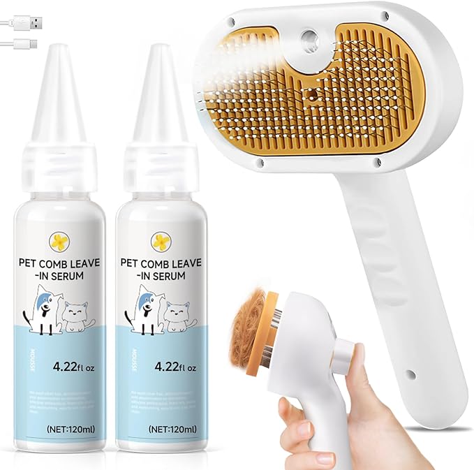 Pet Steam Brush for Dog & Cat – 3-in-1 Spray Hair Removal Comb for Shedding & Grooming, Softens Fur & Reduces Static – Water Brush for Long & Short Coats, Bath-Hating Pets, Includes 2*Shampoo