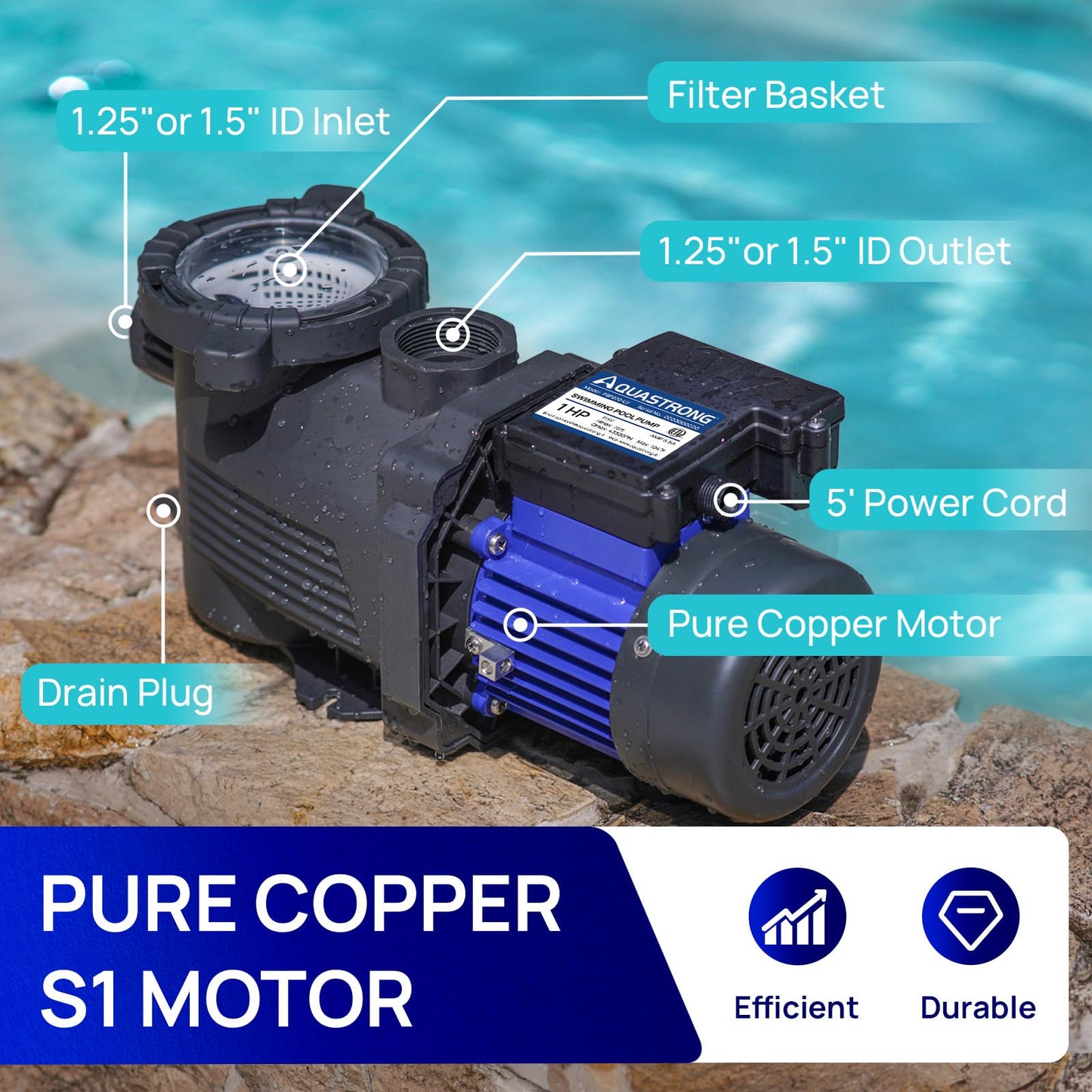 Aquastrong In/Above Ground Pool Pump High Flow Self Primming Swimming Pool Pump,