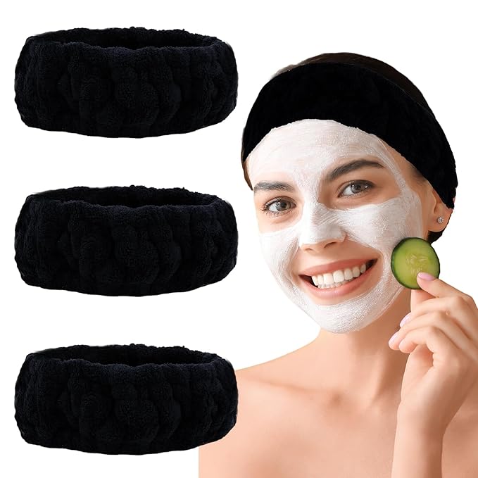Microfiber Spa Headband 3-Pack, Soft Terry Cloth Headband for Washing Face, Facial Mask, Makeup, Shower, Yoga, Gift for Women and Teens (Black x3)