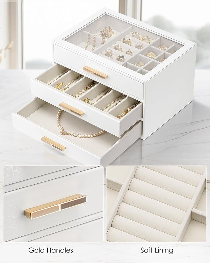 Vlando Jewelry Box for Women, Glass Lid Jewelry Organizer with 3 Drawers for Necklaces Rings Earrings Bracelets Christmas Gift - White