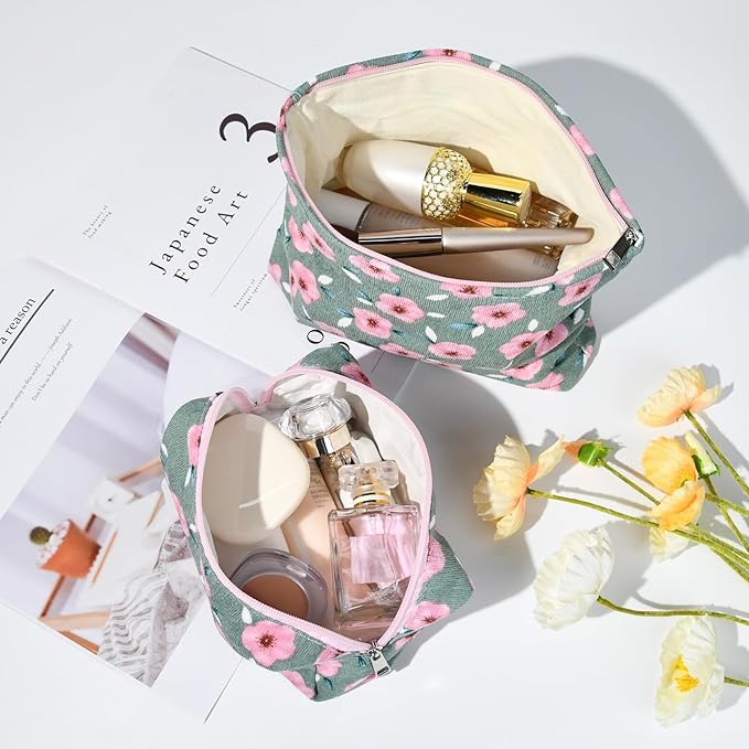 SOIDRAM 2 Pieces Sakura Makeup Bag Large Cosmetic Bag Capacity Canvas Mix Travel Toiletry Bag Organizer Cute Makeup Brushes Aesthetic Accessories Storage Bag for Women, Sakura Mix Green
