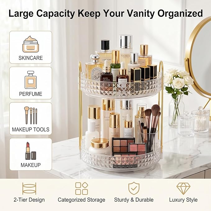 Fangoo 2 Tiers Clear Rotating Makeup Organizer for Vanity, 360 Spinning Skincare Organizers for Dresser Perfume Organizer Large Skincare Make up Storage Cosmetic Organizer for Bathroom Countertop