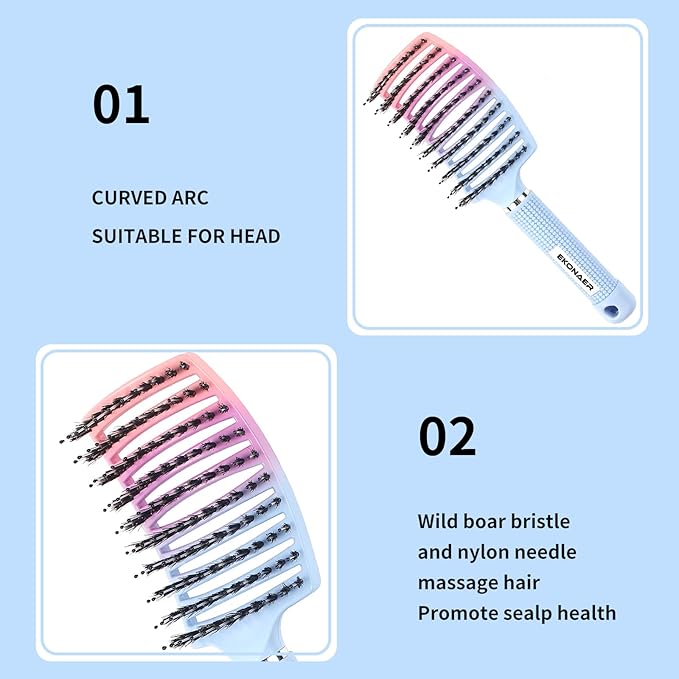 Detangling Brush Boar Bristles Hair Brush for Adult & Kids Wet or Dry Hair,Curved and Vented Detangler Brush - Adds Shine and Makes Hair Smooth(Blue)