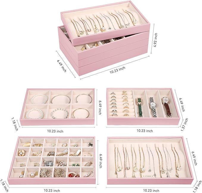 LANDICI Stackable Jewelry Organizer Trays 4 Set,PU Leather Jewelry Organizer Drawer,Jewelry Storage Display Tray for Earring Necklace Rings Bracelet with Removable Dividers,Rose Gold