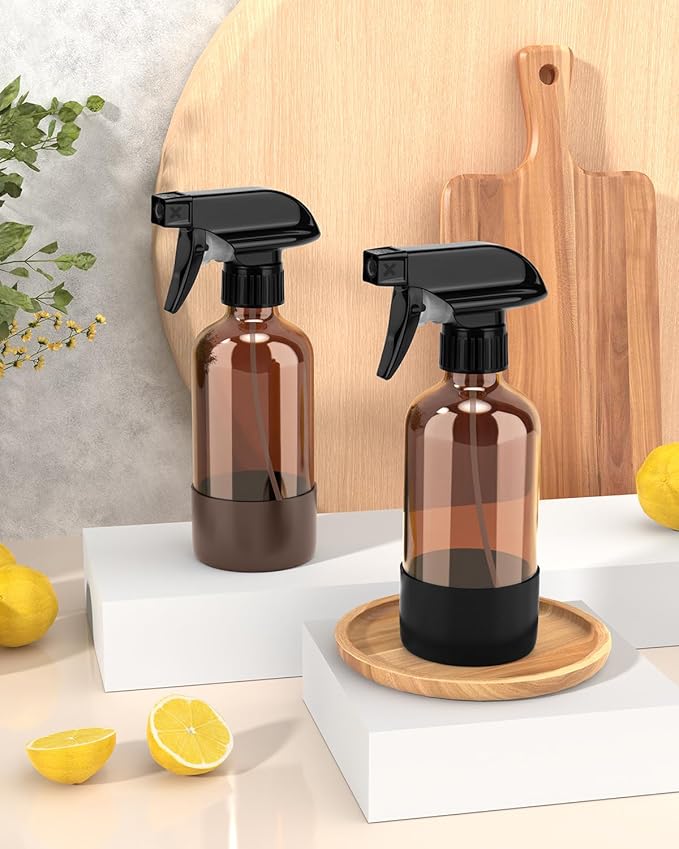 Bontip Glass Spray Bottle with Silicone Sleeve Protection, Amber Glass Spray Bottle Set for Window Cleaner Aromatherapy Facial Hydration Watering Flowers Hair Care 2 Pack/8 oz (Black & Brown)