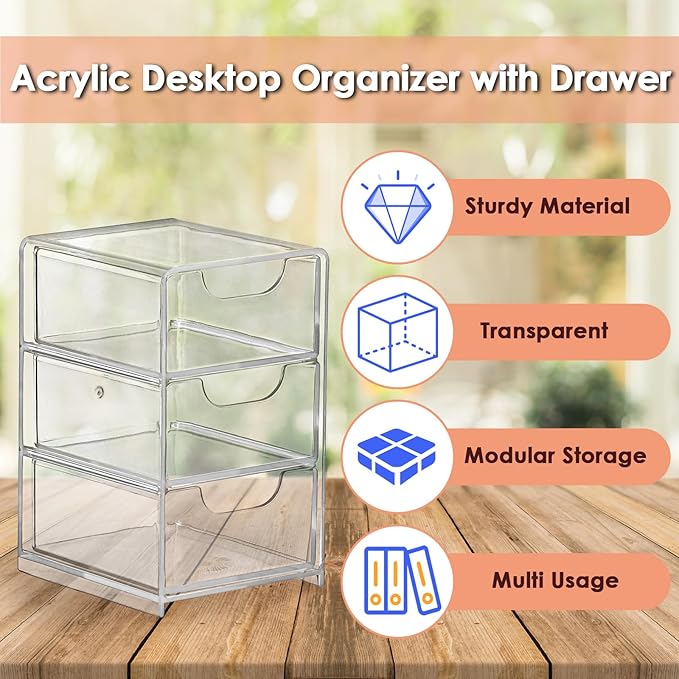 BTSKY 1 Pack Small Acrylic Storage Organizer with Drawers, 3-Layer Clear Desktop Organizer for Office Supplies Mini Storage Box with Drawers for Desk, Desktop Makeup Drawer Jewelry Storage Box