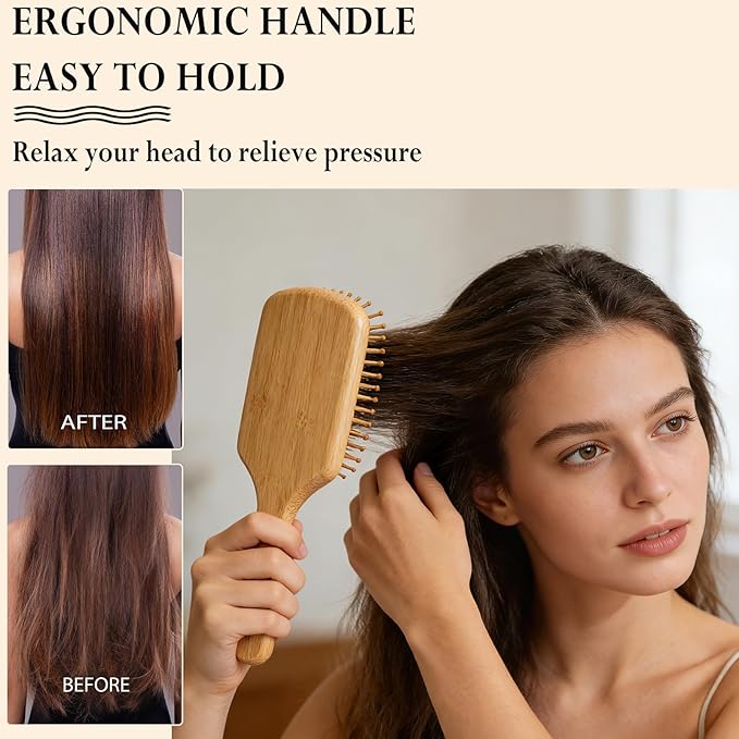 Bamboo Hair Brush Natural Hairbrush for Hair Growth, Paddle Hair Brushes for Women Men Kids Massage Scalp, Wooden Detangler Brush for Wet Curly Thick Fine Thin Hair, DIY Wedding Party Gifts