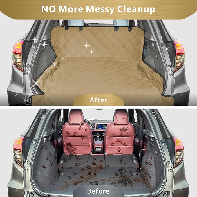 F-color SUV Cargo Liner for Dogs, Water Resistant Pet Cargo Cover Dog Seat Cover Mat for SUVs Sedans Vans with Bumper Flap Protector, Non-Slip, Large Size Universal Fit, Khaki