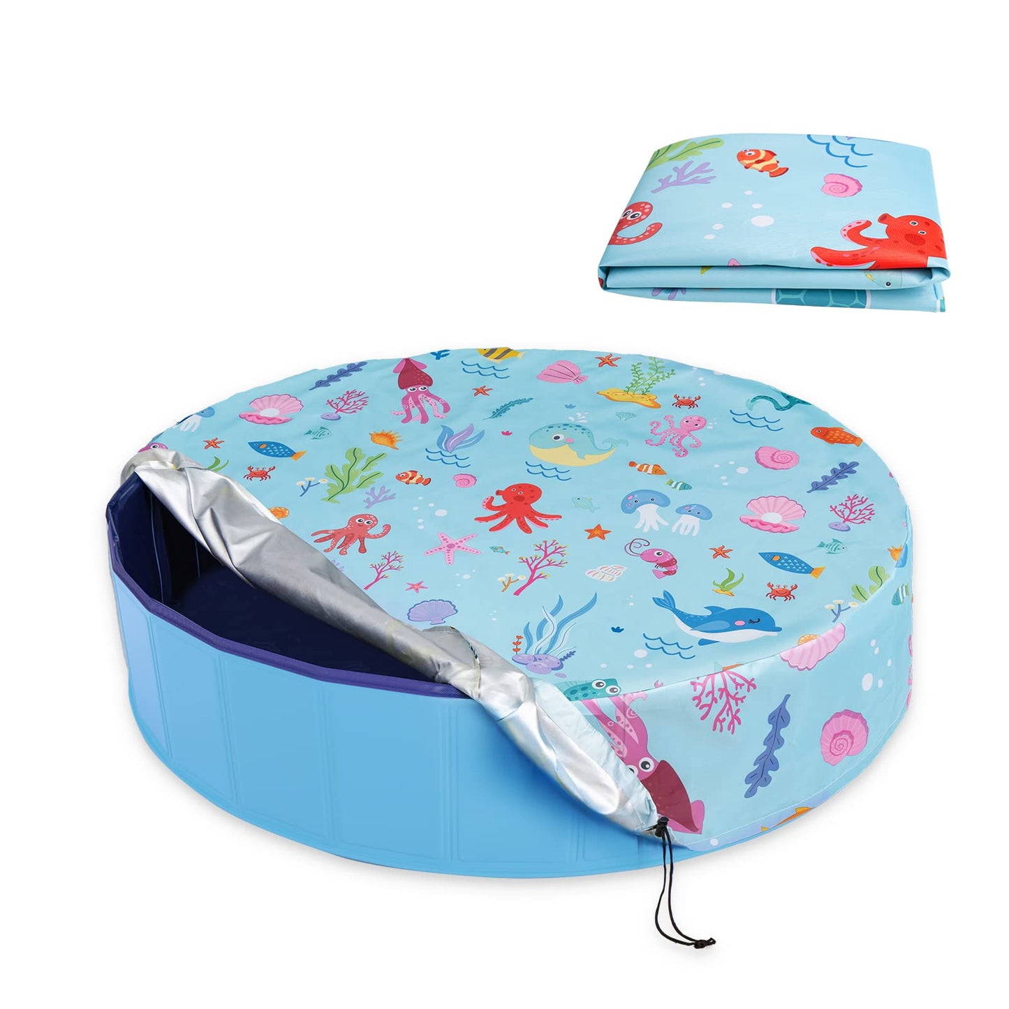 Docuwee Round Pool Cover 48", Foldable Kiddie Solar Cover Fit Dog Swimming Pool, Pets Kids Bath Tub, Anti-UV Dustproof Safety Pool Covers with Cute Ocean Animals Pattern