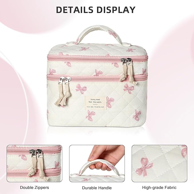 Makeup Bag, Portable Travel Make up Bag, Large Capacity Quilted Cosmetic Organizer Bag, Cute Floral Toiletry Bag for Women Girls (Pink Bow)