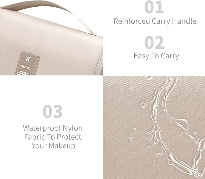Large Capacity Toiletry Bag Travel Bag with Hanging Hook for Men and Women Waterproof Travel Cosmetic Bag Bathroom Storage Bag for Brushes Set, Full-Sized Shampoo,Accessories(Beige)