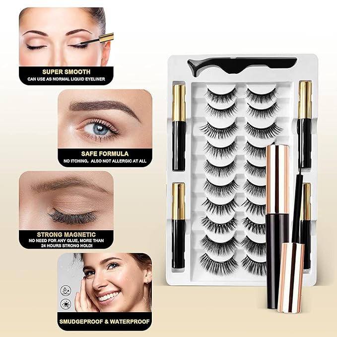 Magnetic Eyelashes, Magnetic Eyelashes Natural Look, 10 Pairs Reusable Eye Lashes 4 Tubes of Eyeliner with Tweezer