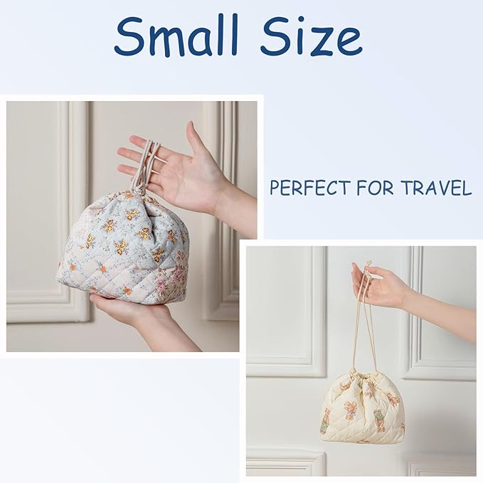 Cotton Quilted Drawstring Makeup Bag with Canvas Lining,Coquette Aesthetic Cute Travel Toiletry Bag,Drawstring Gift Bag for Women and Girls（02Light Blue Flower）
