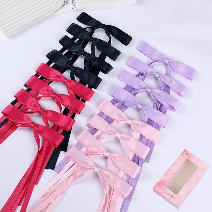 Hair Bows Clips Coquette Ribbon Bowknot with Long Tail Princess Hair Bows French Barrettes Hair Accessories for Women Girls 16PCS (Rose red, Dark Blue, Purple, Pink)