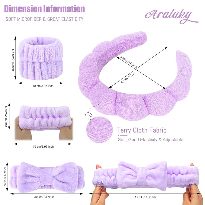 6 Pcs Terry Cloth Spa Headbands and Wristbands - Sponge Makeup Removal Headbands for Skincare, Shower, and Face Washing