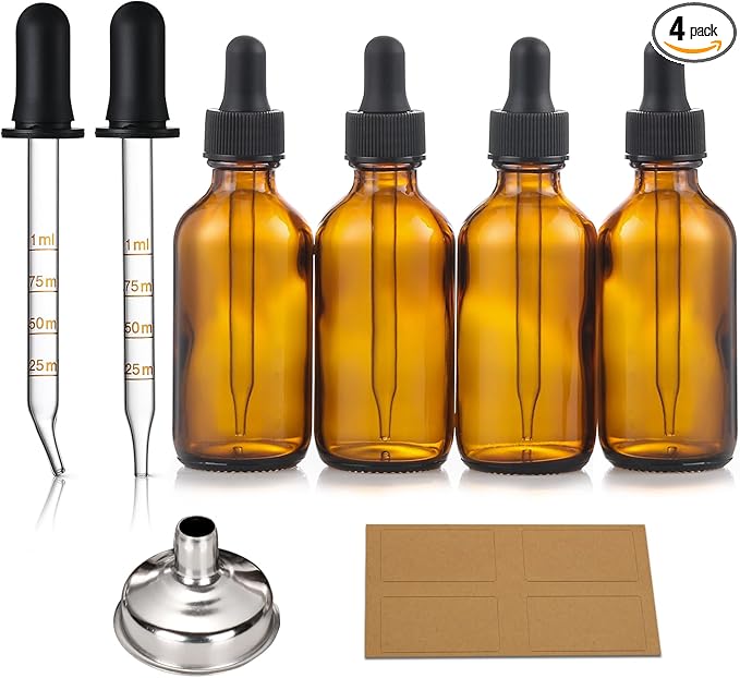 4 Pack, 2 oz Dropper Bottles with 2pcs Glass Pipettes(1ml) - Essential Oils Bottles for Health, Personal Care & Beauty - 60ml Thick Dark Amber Glass Tincture Bottle with Eye Droppers, Leakproof