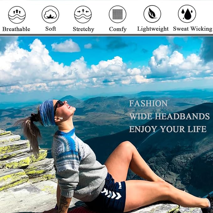 Sefiinh Wide Headbands For Women Stretch Headband Boho Head Bands Women's Hair Band Turban Workout Hairband Accessories Tie Dye 6 Pack
