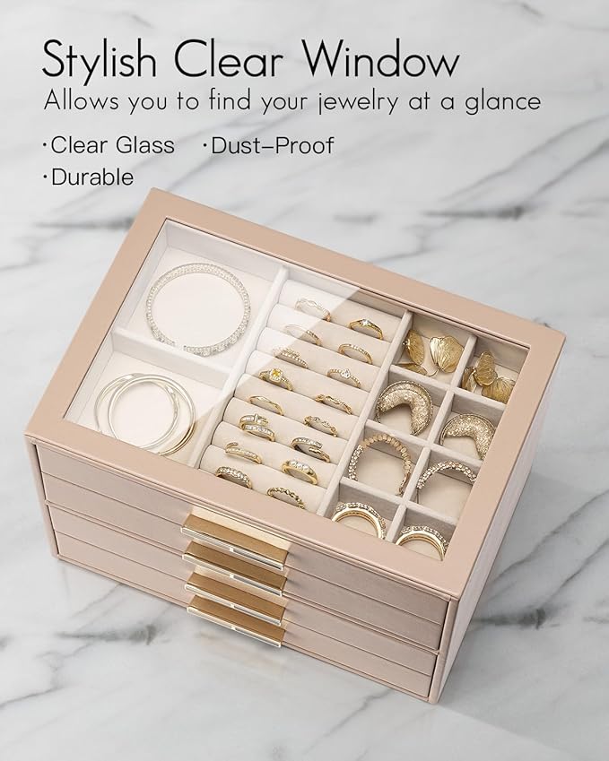 VLANDO 4 Layer Jewelry Box for Women, Glass Lid Jewelry Organizer with 4 Drawers for Necklaces Rings Earrings Bracelets - Toffee