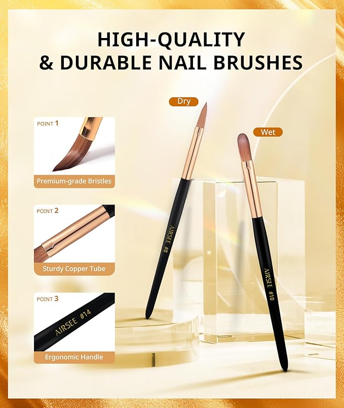 AIRSEE 3Pcs Acrylic Nail Brush Set, Size 8/10/14 Professional Manicure Brushes for Acrylic Powder Nail Art Extension, 3D Carving for DIY Salon Home, 3A+ Nylon, Black