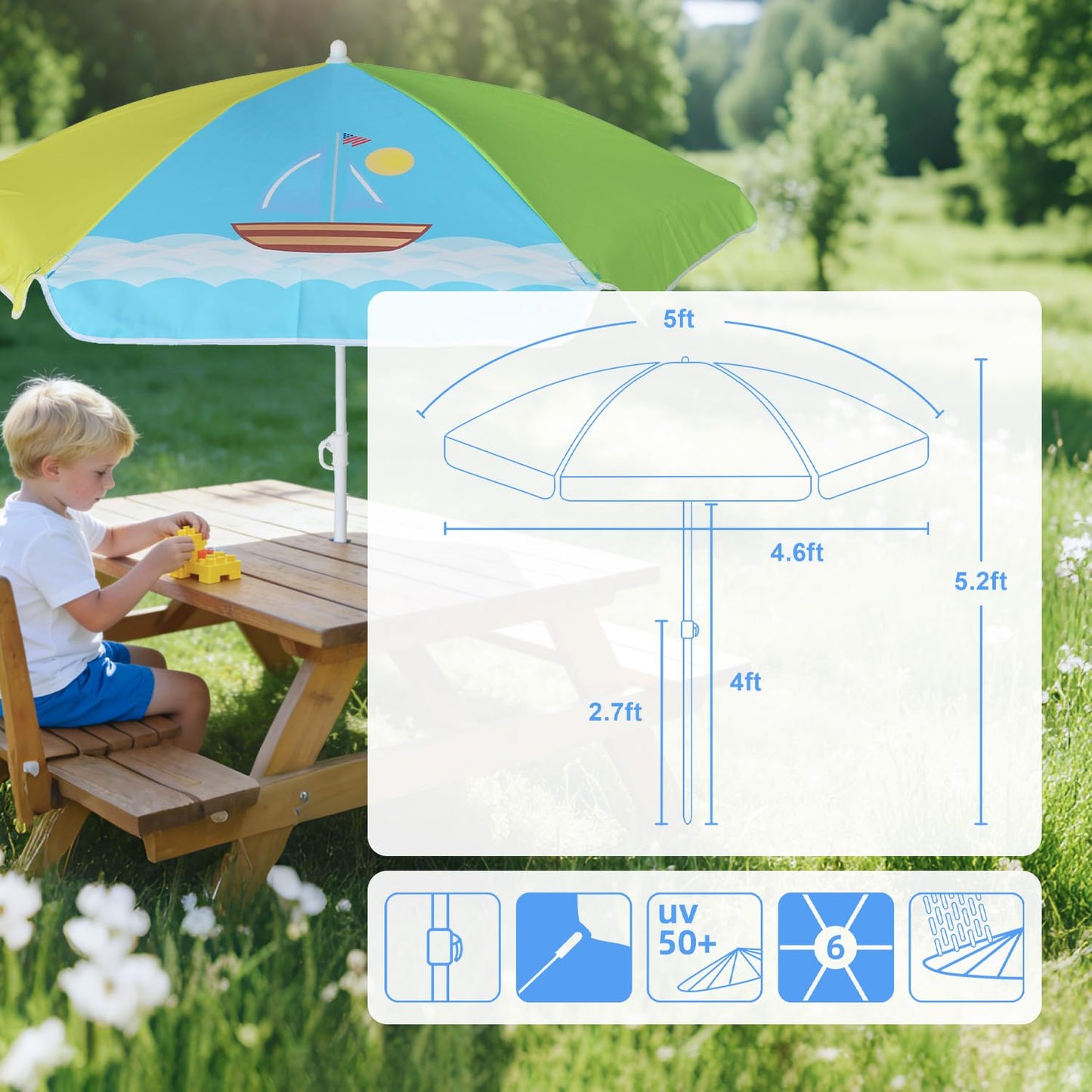 AMMSUN 5ft Seaside Umbrella for Sand Box Water Table - Kids Durable Umbrellas for children Picnic Beach Camping Garden Outdoor Play Shade (5ft Green Yellow Boat)