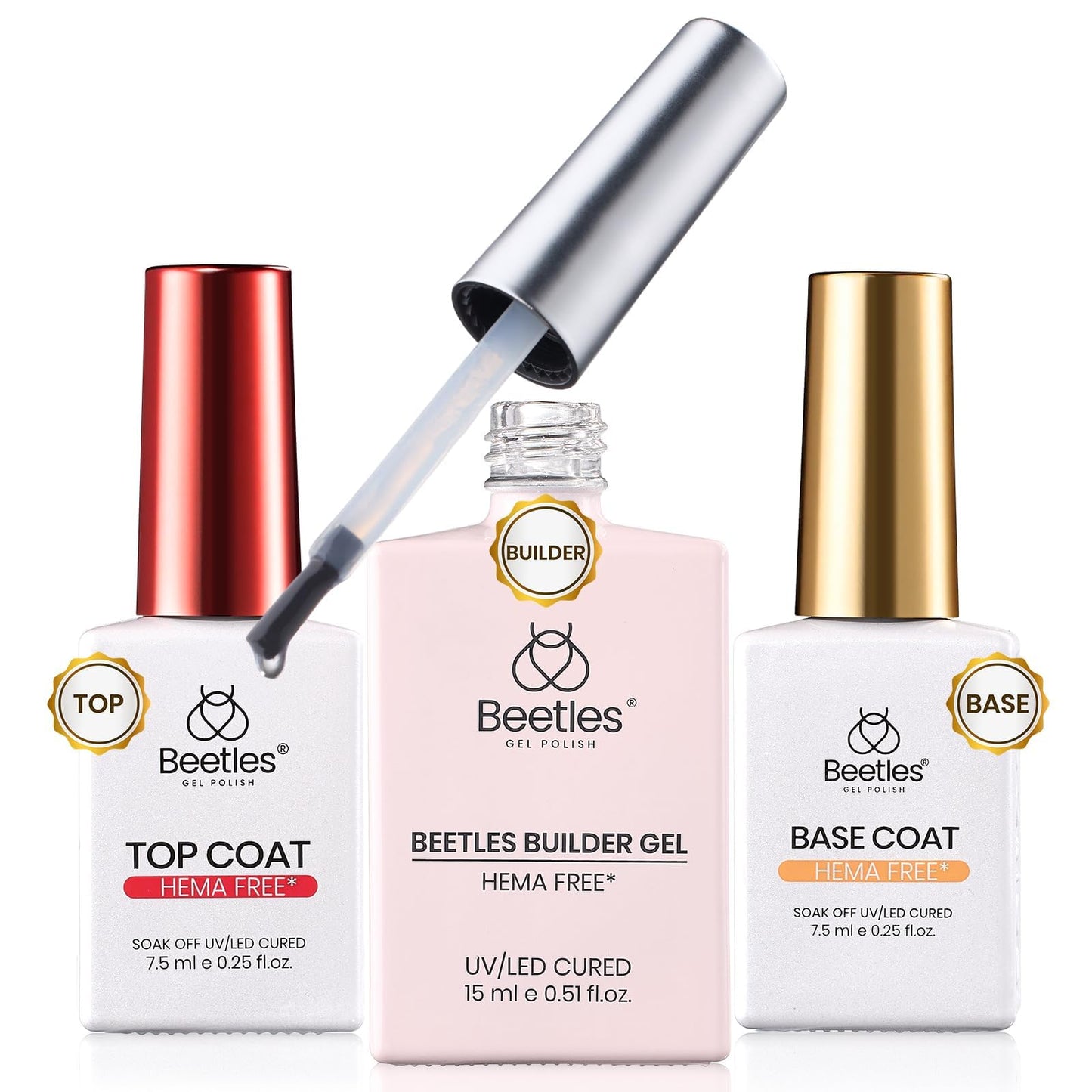 Beetles Builder Gel for Nails HEMA-Free with Base & Top Coat,Nail Protection Trio Set 3 Pcs Strengthening Nail Apex Building Extension for Beginner DIY Salon at Home,Clear Building Gel,UV & LED Cured