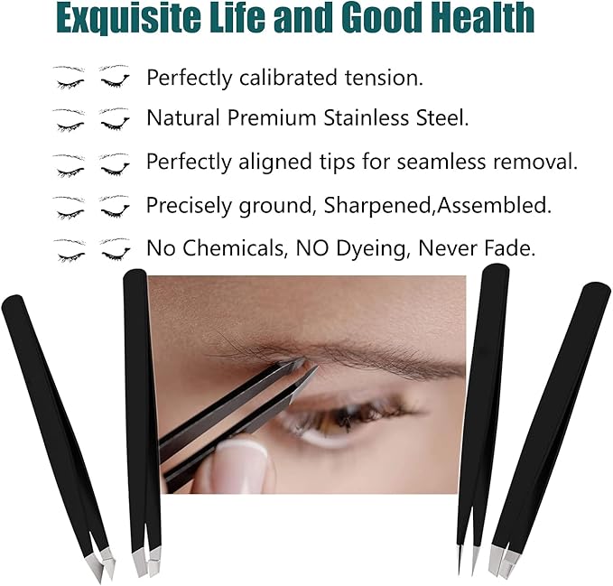 LUDOUPIER [4+1 Pieces] Tweezers Set with Travel Case, Great Precision Upgrade Professional Anti-rust Alloy Tweezers for Women & Men Multi-purpose as Eyebrows Facial Hair Ingrown Hair Removal