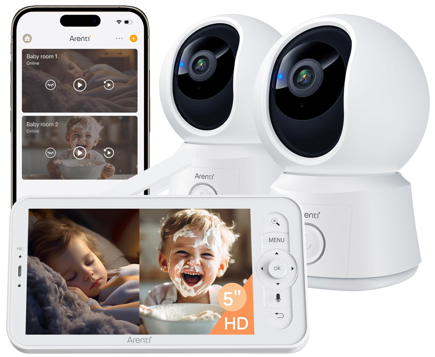 ARENTI Baby Monitor 2 Cameras, Smart Baby Camera with 5-Inch Wireless Display, Super Night Vision, Temperature Sensor, Sound Detection, Auto Motion Tracking, 2-Way Audio, VOX Mode(B2 Set)