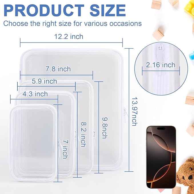 YOPCDJ Clear Hard Shell Zipper Case, Clear Zipper Pouches Waterproof Makeup Organizer & Travel Toiletry Storage Bag, Plastic Pouch for Office, Home, White, 4Pack XL+L+M+S