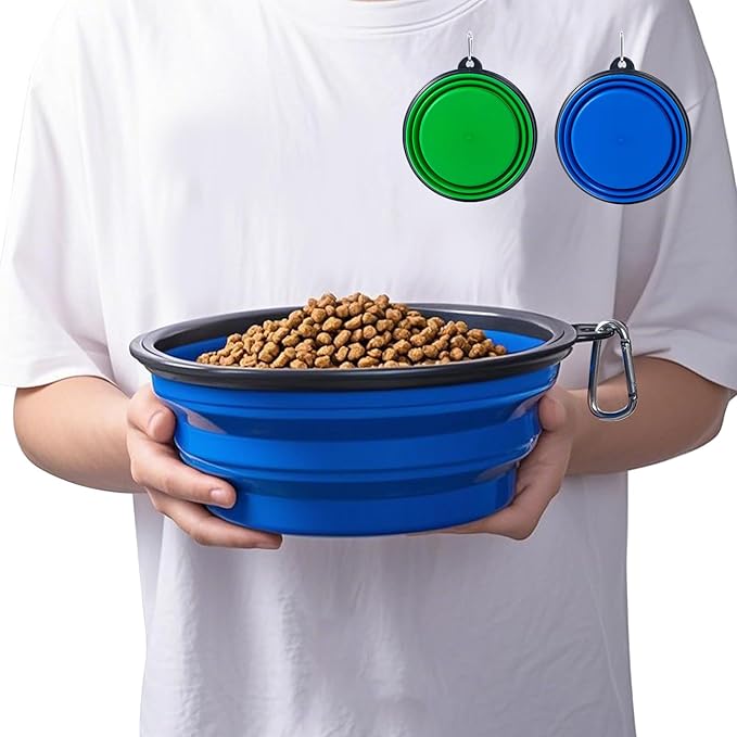 Extra Large Dog Bowl Pet Collapsible Bowls, 2 Pack Collapsible Dog Water Bowls for Large Dogs Portable Pet Feeding Water Dish for Walking Parking Traveling with 2 Carabiners (Blue+Green, Jumbo)