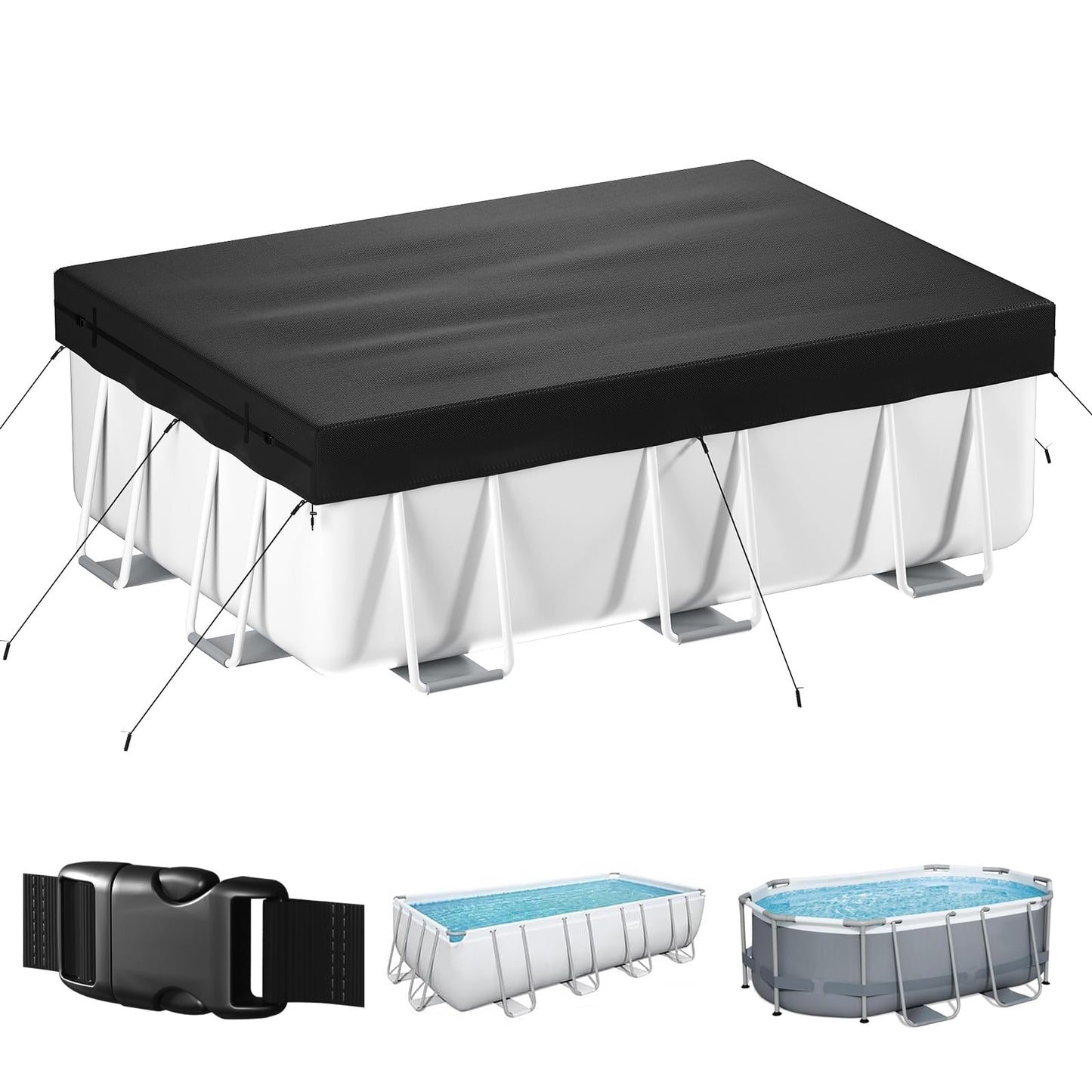 7x10 FT Rectangular Pool Cover, Solar Pool Cover for Above Ground Pool, Swimming Pool Cover Including Buckle, Drawstring and Ground Nails for Rectangular or Oval Pools