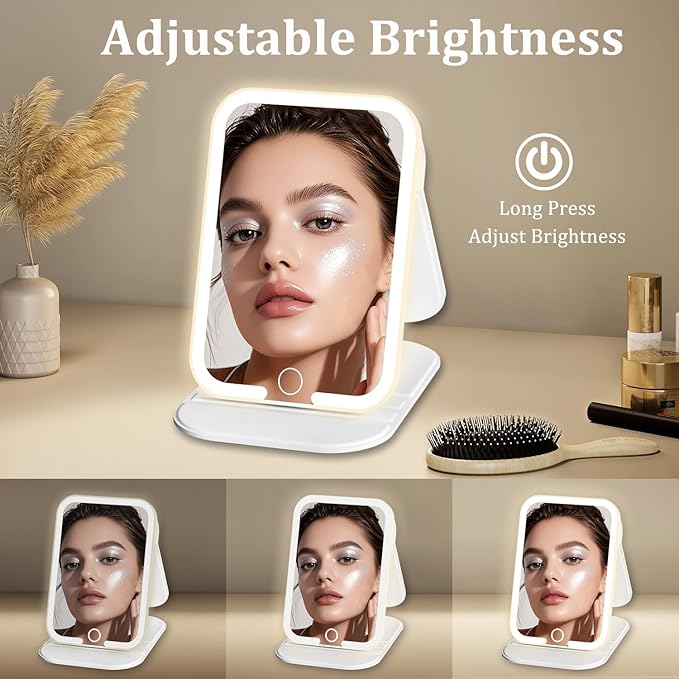 Rechargeable Travel Mirror with Light, LED Makeup Mirror with Lights, Portable Vanity Mirror with 3 Color Lighting, Touch Dimmable Lighted Cosmetic Mirror, Travel Essentials (White)