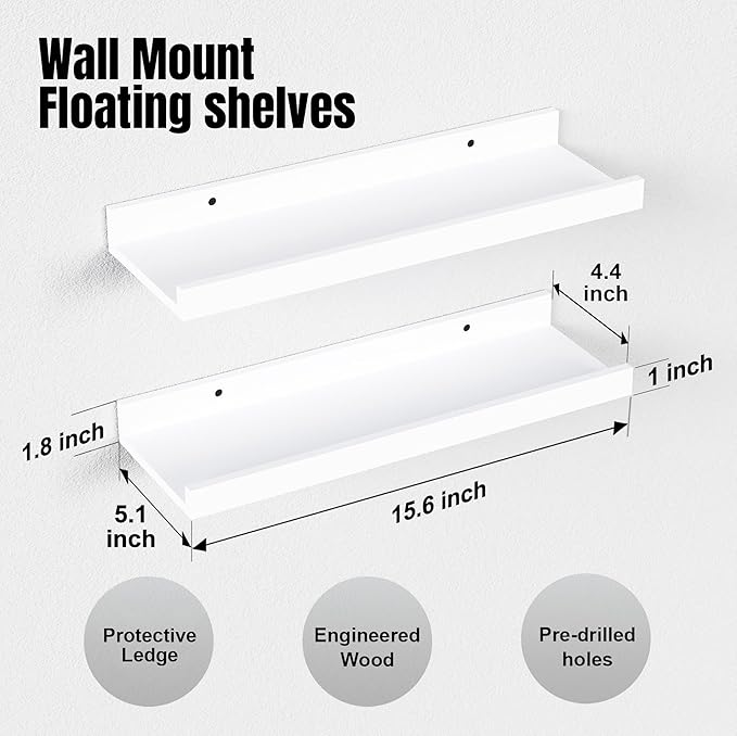 RICHER HOUSE 3 Set White Floating Shelves, 16 inches Wall Mounted White Shelves for Wall Decor, Picture Ledge Shelf with Lip for Storage Nursery, Bedroom, Living Room, Bathroom - White