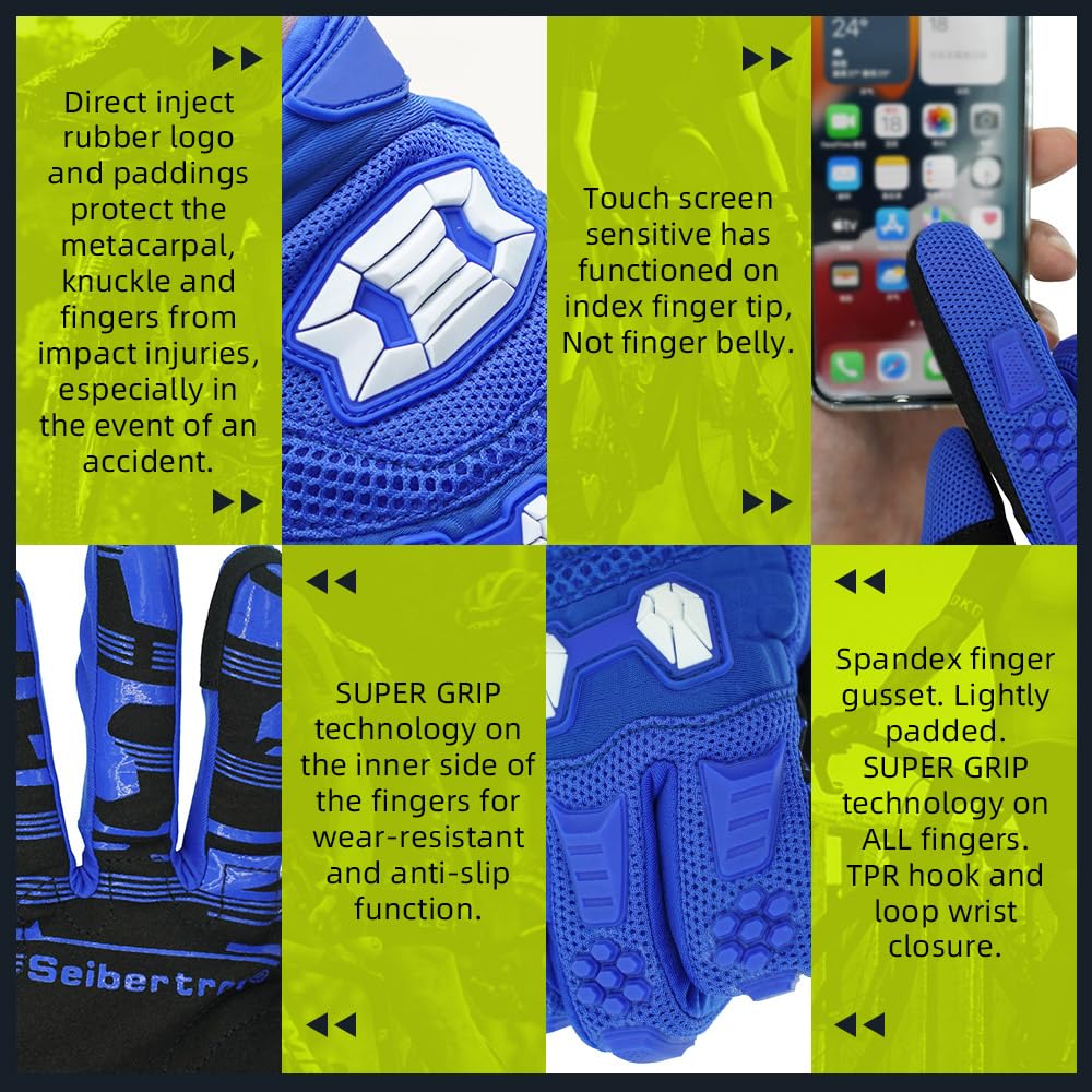 Seibertron Youth Unisex MX ATV MTB Racing Gloves - Full Finger Touchscreen Glove for Bicycle Cycling Mountain Biking Motorcycle and Motocross Blue XS