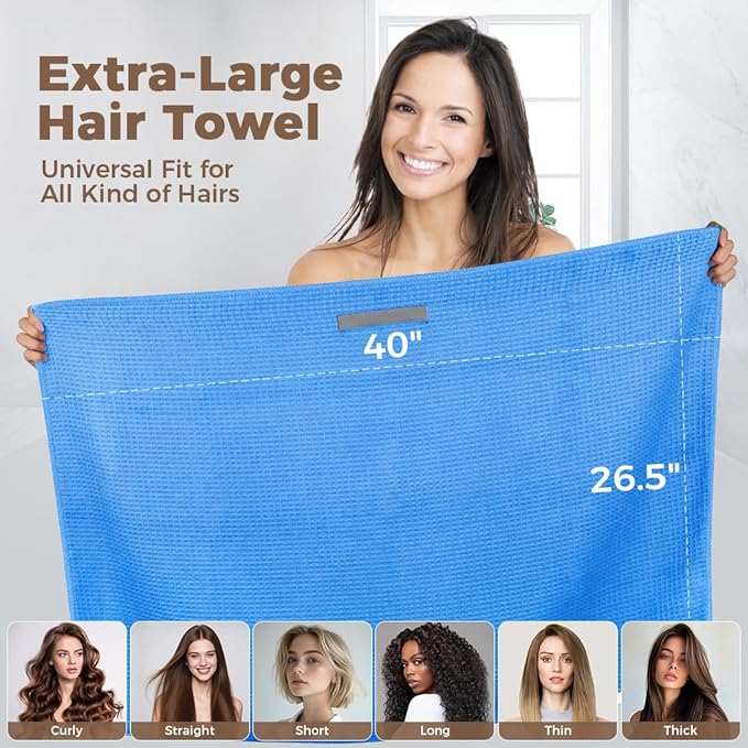 HOMEXCEL 2 Pack Large Microfiber Hair Towels Waffle Weave- 40 x 26.5 inches Fast Drying Turbans for Long, Thick, Curly Hair - Anti Frizz Wrap with Elastic Strap, Blue/Pink