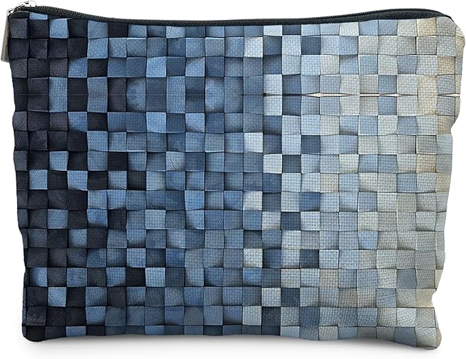 Modern Blue Checkered Makeup Bag, Blue and White Mosaic Checkered Cosmetic Bags for Women, Trendy Preppy Zipper Makeup Pouch