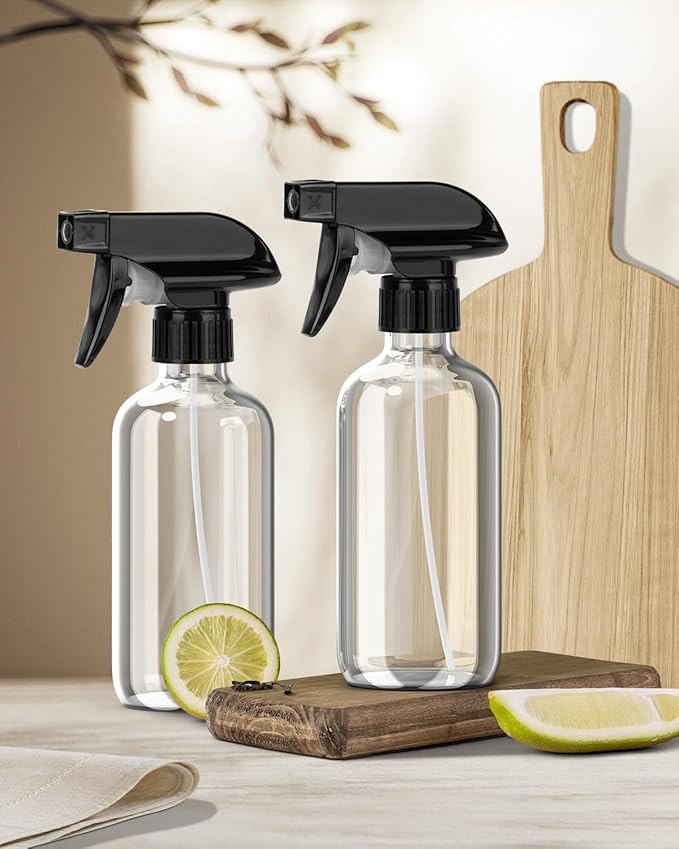 Bontip Glass Spray Bottle, Glass Spray Bottle Set & Accessories Refillable for Plants Window Cleaners Aromatherapy Facial Hydration Watering Flowers Hair Care (2 Pack/8 oz) (Transparent)