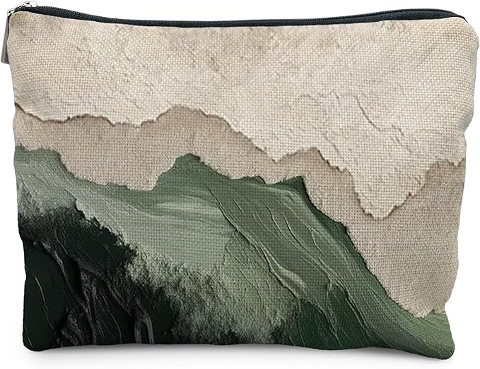 Abstract Sage Green Beach Makeup Bag, Modern Ocean Waves Beachy Cosmetic Bags for Women, Gifts for Beach Lovers, Minimalist Beige Ocean Aesthetic Zipper Makeup Pouch
