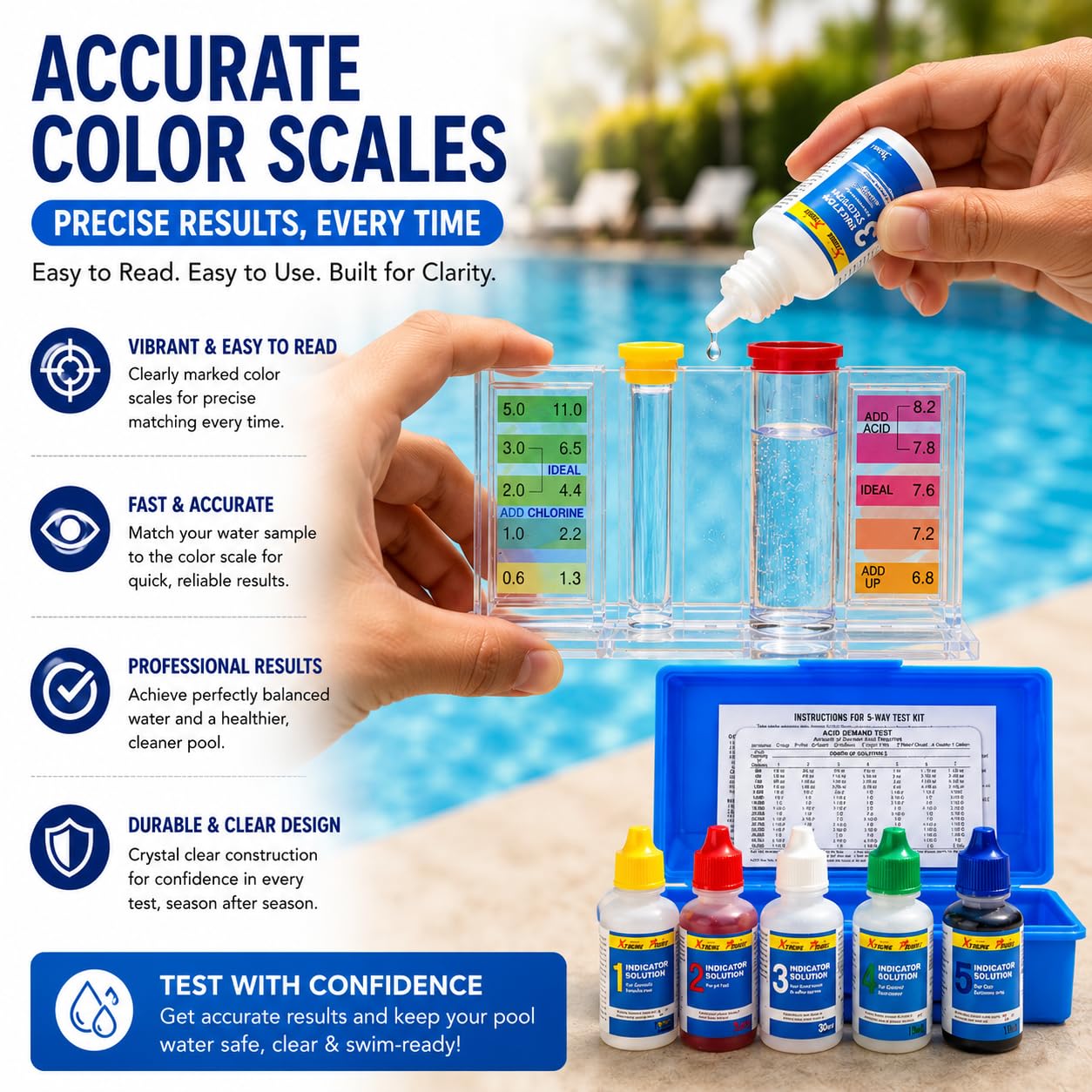 XtremepowerUS 5-Way Swimming Pool Test Kit pH, Chlorine, Bromine, Alkalinity Chemistry Testing with Case Spa, Inground Above Ground Pool Residential