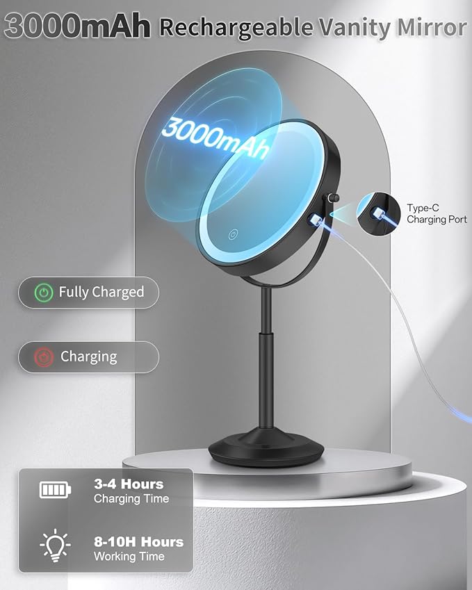 VFD 30X/1X Makeup Mirror with Lights, Height Adjustable Lighted Magnifying Vanity Mirror with 3 Lighting and Adjustable Brightness, 3000mAh Rechargeable Double Sided Switch for Desk Women Gift