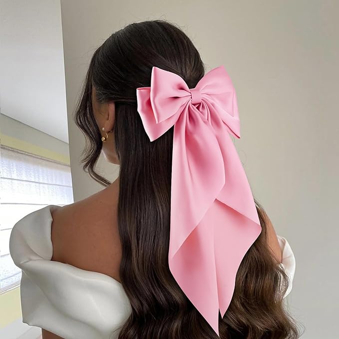 6Pcs Large Bows Hair Clips for Women Girls Long Tail Hair Ribbon Silky Satin Barrettes Coquette Bows Accessories (Pink)