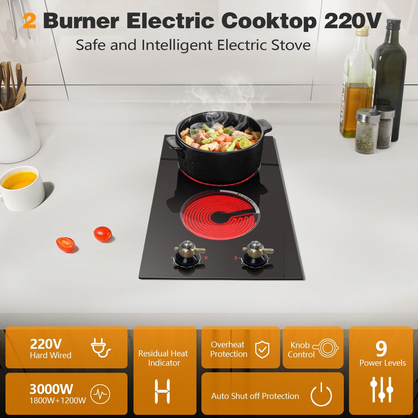 Cooksir 2 Burner Electric Cooktop - 12 Inch 220V Built-in Electric Stove Top 3000W, Ceramic Cook Top Radiant, 9 Power Heating Levels, Overheat Protection, Retro Knob, 220V - 240V Hard Wired (No Plug)